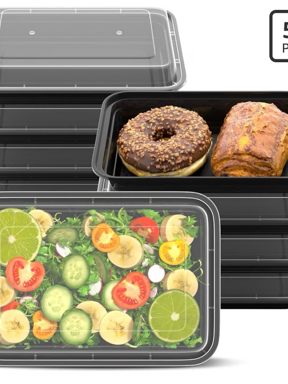 Black Meal Prep Food Containers with Clear Lids - 50 sets